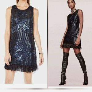 NWT BCBG MAXAZRIA Sequin Feather Flapper Style Navy & Black Dress